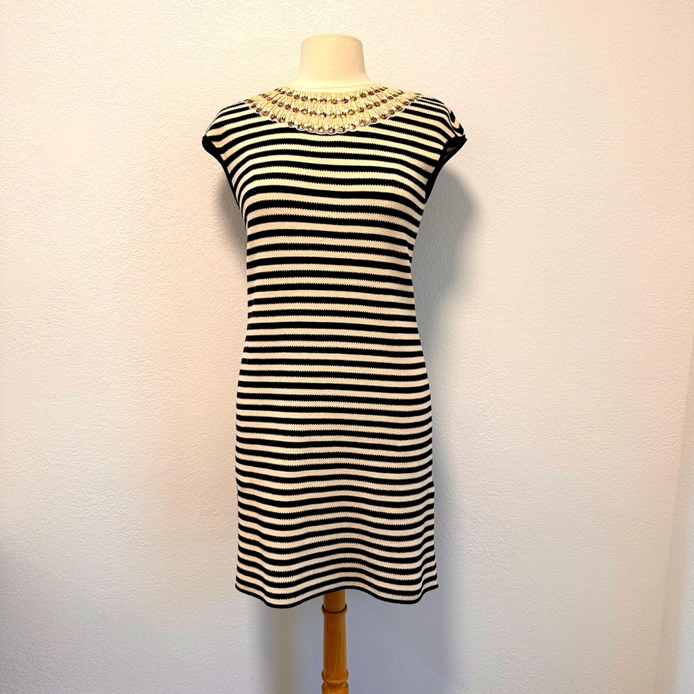 Tory Burch Sequin Embellished Collar Knit Striped Dress - Size Small